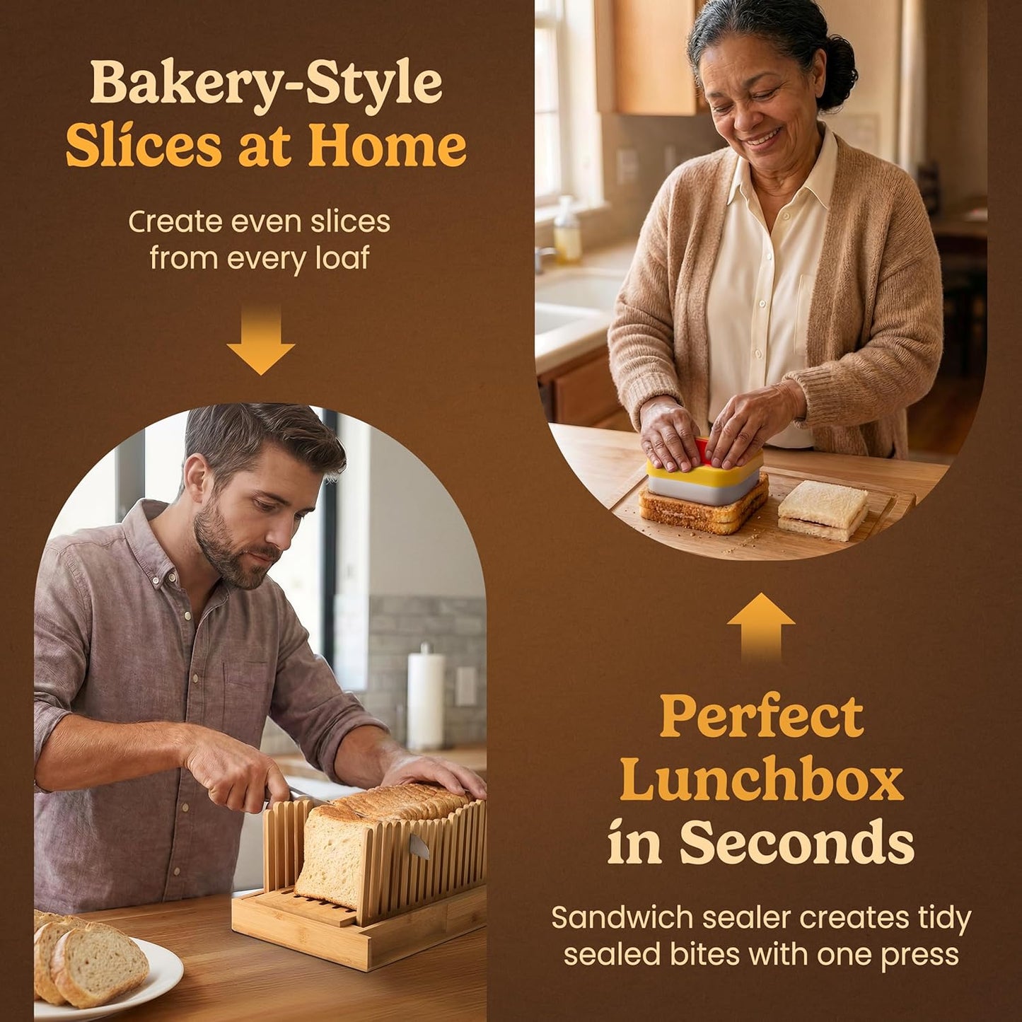 Bread Slicer Guide for Homemade Bread 3-In-1 Set: Sourdough Rounds Slicer, Baguette Cutter & Sandwich Sealer | Bread Loaf Slicing, Adjustable Bamboo Bread Cutter With Knife & Magnetic Slot