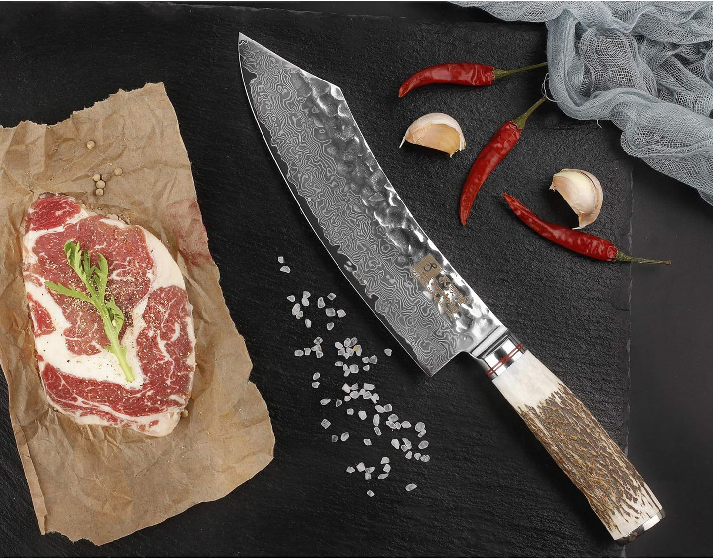 SUNLONG Usuba & Nakiri Knife 6.5 inch Fruit and Vegetable Knife Japanese Hammered Damascus Steel Super sharp - Natural Deer Horn Handle