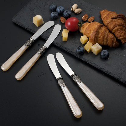 REVERIE Collection 4-piece Stainless Steel Butter Spreader Cheese Knife, Giftable Butter Knives set, Bread Knife set (White Handle)