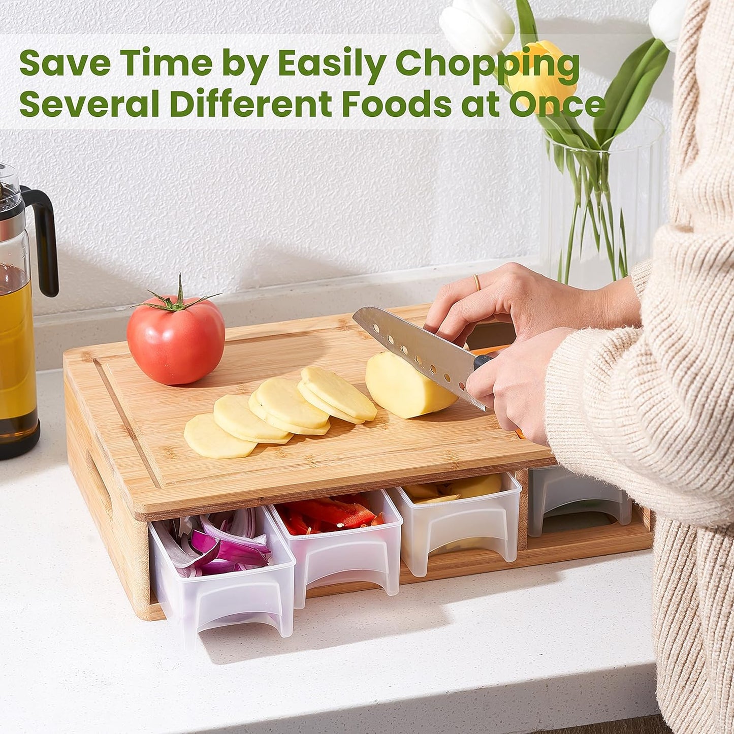 Bamboo Cutting Board with Containers, Lids, and Graters, Large Wood Cutting Board with Containers, Food Dropping Zone, Carving Board with Easy-grip Handle, Juice Groove