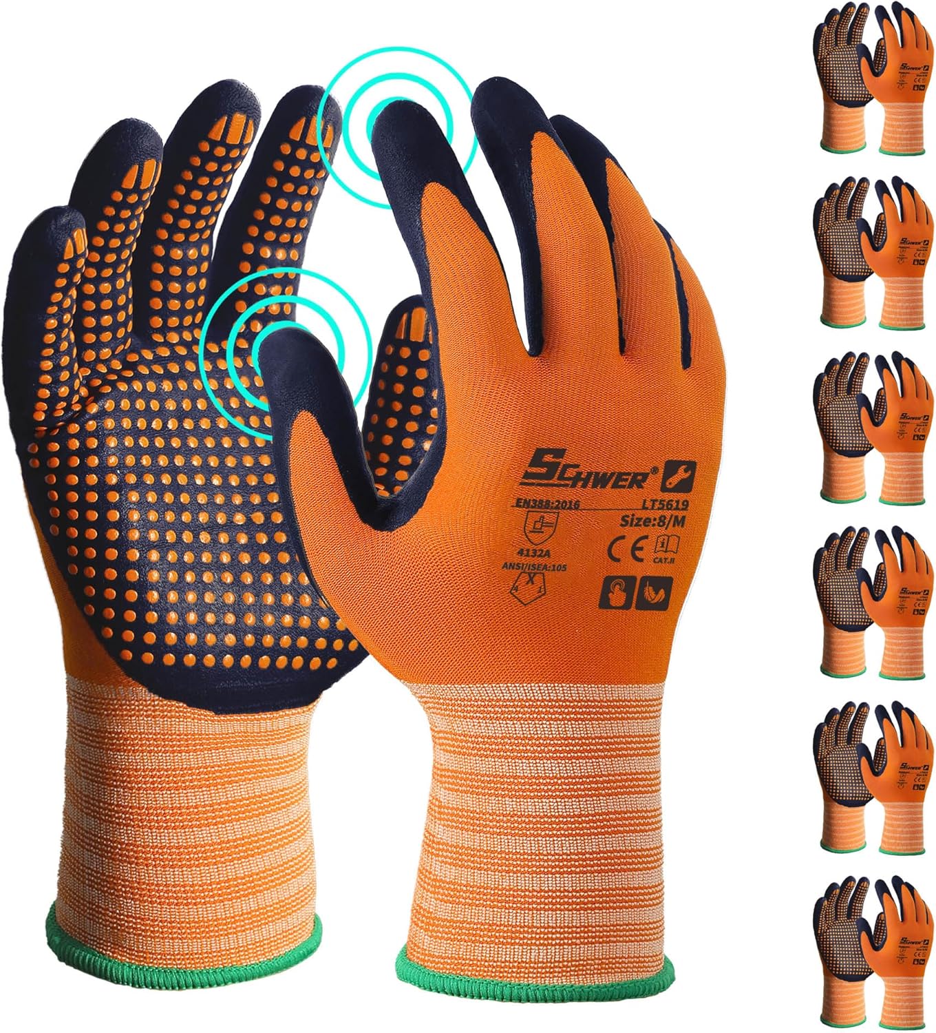 Schwer 3/6/12 Pairs Safety Work Gloves MicroFoam Nitrile Coated, Certified Level 6 Abrasion Resistant Gardening Gloves with MicroDot Grip, Touchscreen, General A1 Cut Resistant Glove, LT5619, S