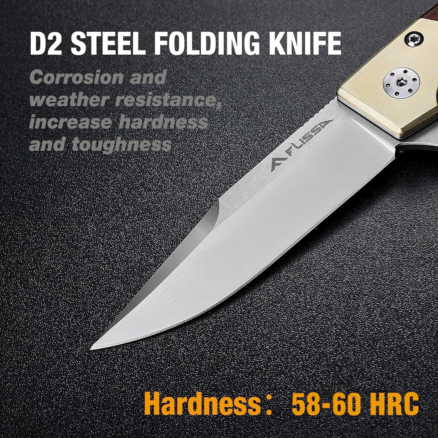 FLISSA Pocket Knife, Folding Knife with D2 Steel Blade, Ball Bearing, Elegant Copper & Wood Handle, Liner Lock, Pocket Clip, Cleaning Cloth, Perfect for EDC, Daily Use, Outdoor