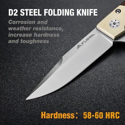 FLISSA Pocket Knife, Folding Knife with D2 Steel Blade, Ball Bearing, Elegant Copper & Wood Handle, Liner Lock, Pocket Clip, Cleaning Cloth, Perfect for EDC, Daily Use, Outdoor