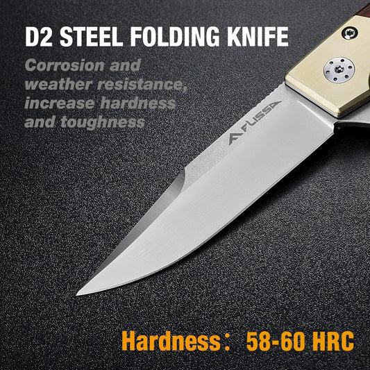 FLISSA Pocket Knife, Folding Knife with D2 Steel Blade, Ball Bearing, Elegant Copper & Wood Handle, Liner Lock, Pocket Clip, Cleaning Cloth, Perfect for EDC, Daily Use, Outdoor