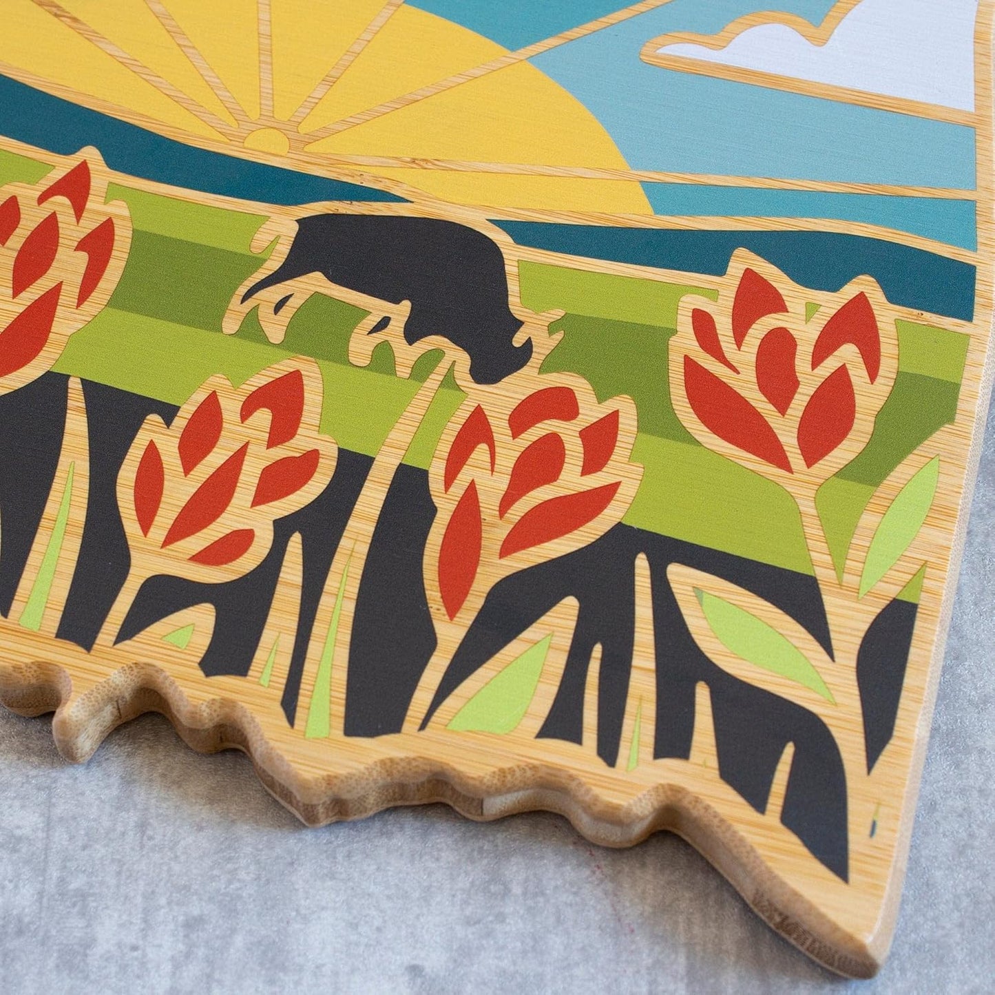 Totally Bamboo North Carolina State Shaped Cutting Board and Charcuterie Serving Platter with Artwork by Summer Stokes, Includes Hang Tie for Wall Display 18" x 8" x 5/8" - Colors A