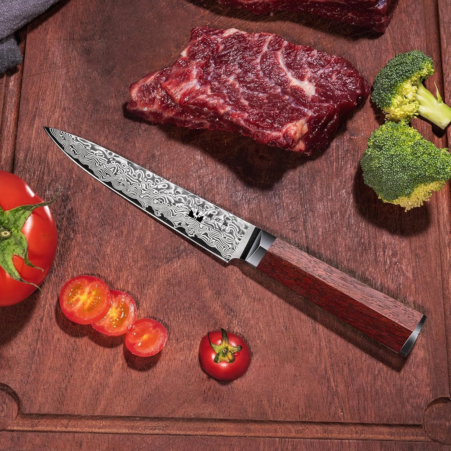 Steak Knives Set of 4 with In-Drawer Knife Block, 5 inch Damascus Steak Knife Set VG-10 Damascus Super Steel 67-Layer Non Serrated Steak Knives with Natural Wood Handle, Gift Box