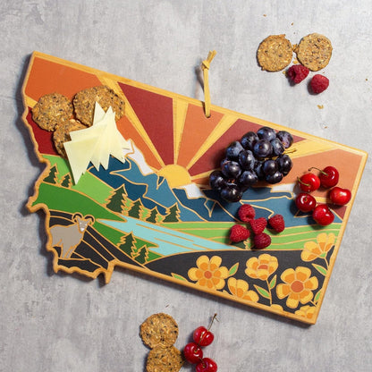 Totally Bamboo North Carolina State Shaped Cutting Board and Charcuterie Serving Platter with Artwork by Summer Stokes, Includes Hang Tie for Wall Display 18" x 8" x 5/8" - Colors A