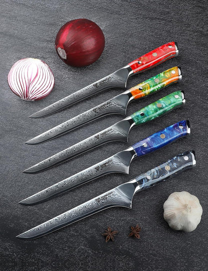 7 inch Fillet Knife, VG10 Damascus Steel Fish Boning Knife with Resin Handle - Xuan Series (Sunset Red)