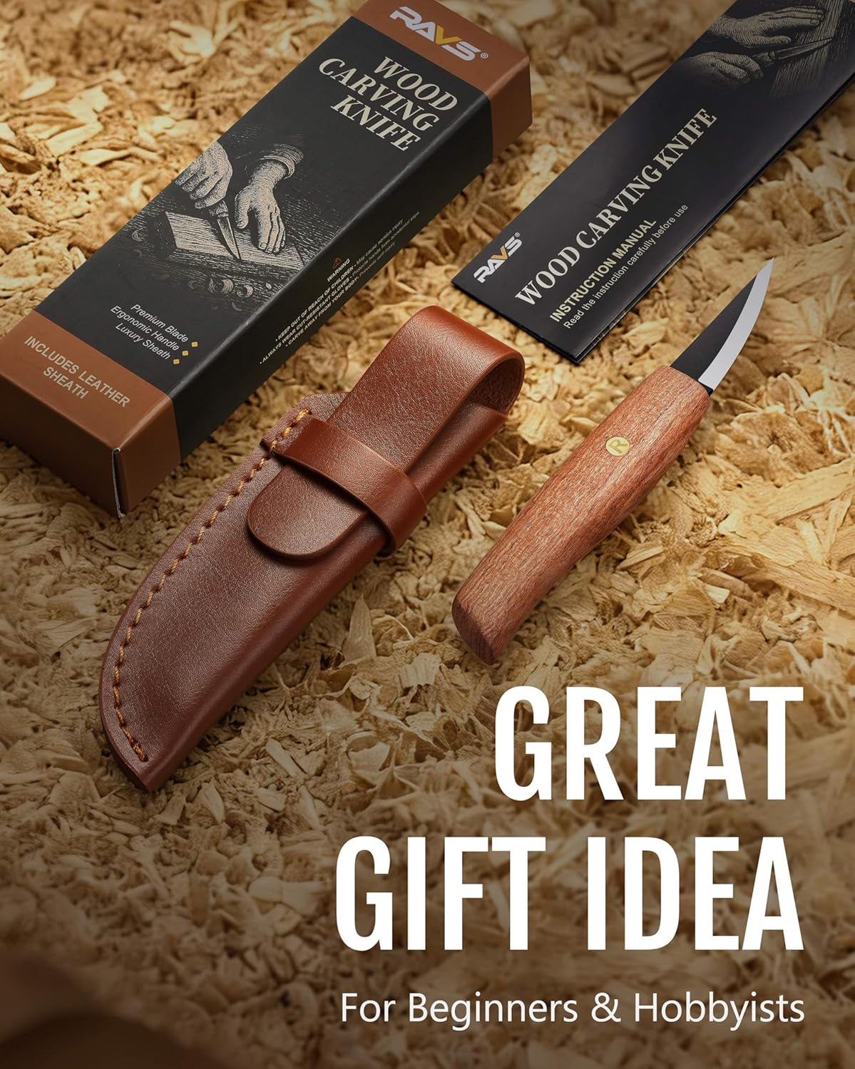 ravs Whittling Knife with High Carbon Steel Blade and Leather Sheath, Wood Carving Sloyd Knife with Titanium Coating Wide Bevel, Wood Carving Tools with Ergonomic Handle for Beginners & Professionals