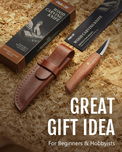 ravs Whittling Knife with High Carbon Steel Blade and Leather Sheath, Wood Carving Sloyd Knife with Titanium Coating Wide Bevel, Wood Carving Tools with Ergonomic Handle for Beginners & Professionals