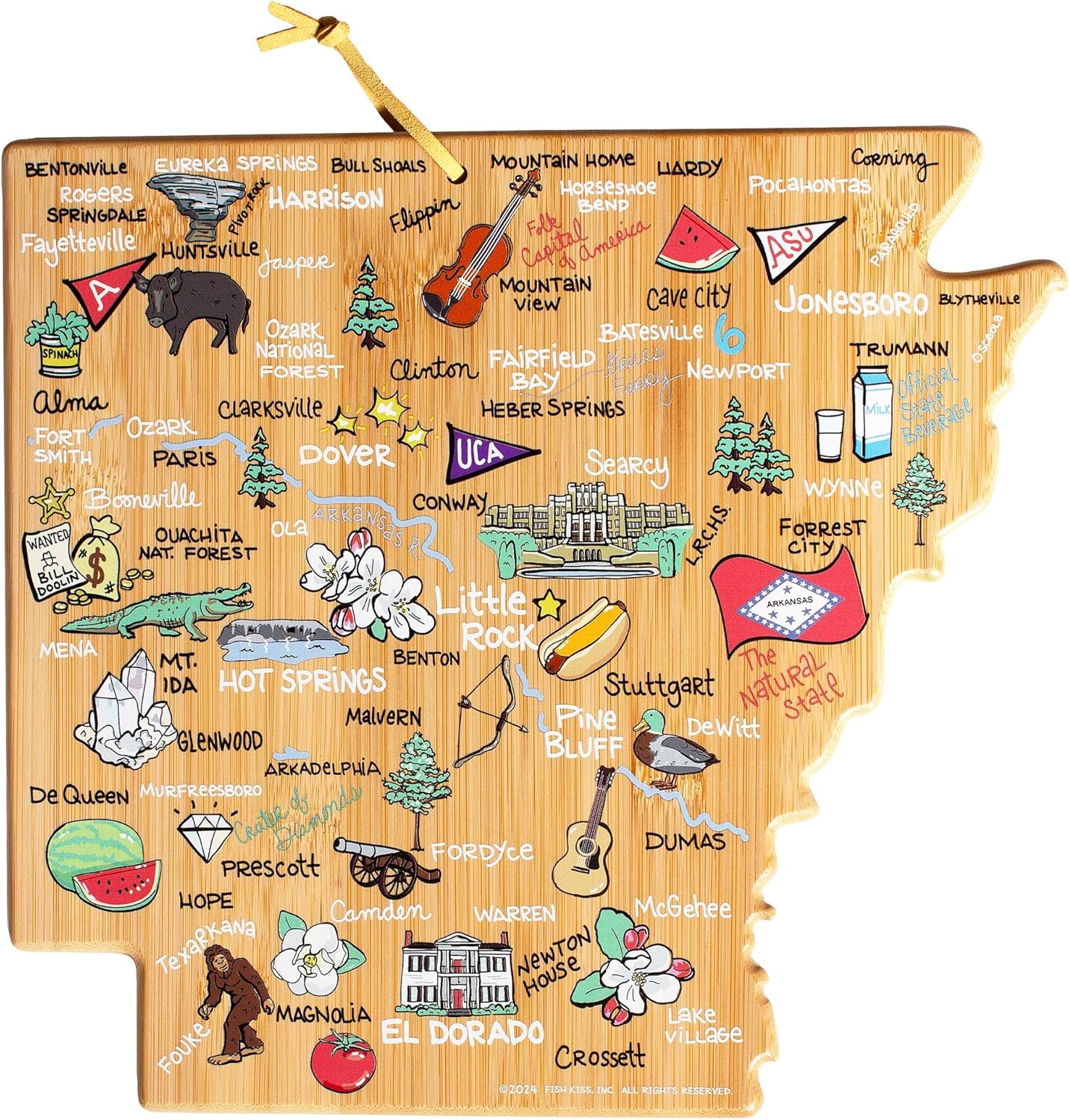 Totally Bamboo Tennessee State Shaped Cutting Board and Charcuterie Serving Platter with Artwork by Fish Kiss, Includes Hang Tie for Wall Display - Colors A