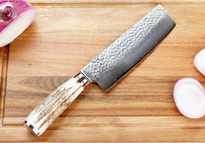 SUNLONG Usuba & Nakiri Knife 6.5 inch Fruit and Vegetable Knife Japanese Hammered Damascus Steel Super sharp - Natural Deer Horn Handle
