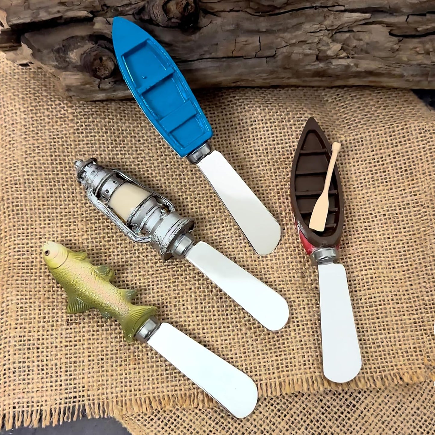 Supreme Housewares Tiki Bar Cheese Spreaders, Hand-Painted Resin Handles with Stainless Steel Blades for Spreading Cream Cheese, Butter, and Jam, Assorted Designs, Set of 4