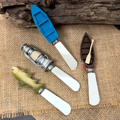 Supreme Housewares Tiki Bar Cheese Spreaders, Hand-Painted Resin Handles with Stainless Steel Blades for Spreading Cream Cheese, Butter, and Jam, Assorted Designs, Set of 4