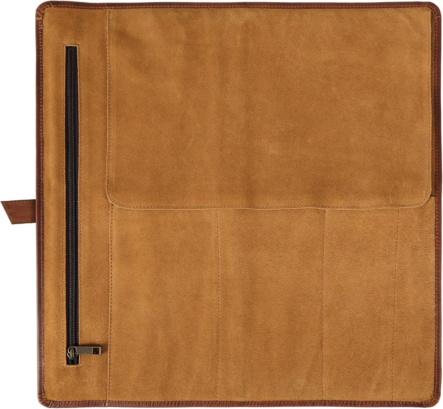 KomalC Premium Buffalo Leather Chef Knife Roll – 17.5″ × 17.5″ Knife Storage Bag with 4 Slots, Suede Lining, Brass Buckle & Zipper Pouch – Portable Travel Case for Chefs & Culinary Students