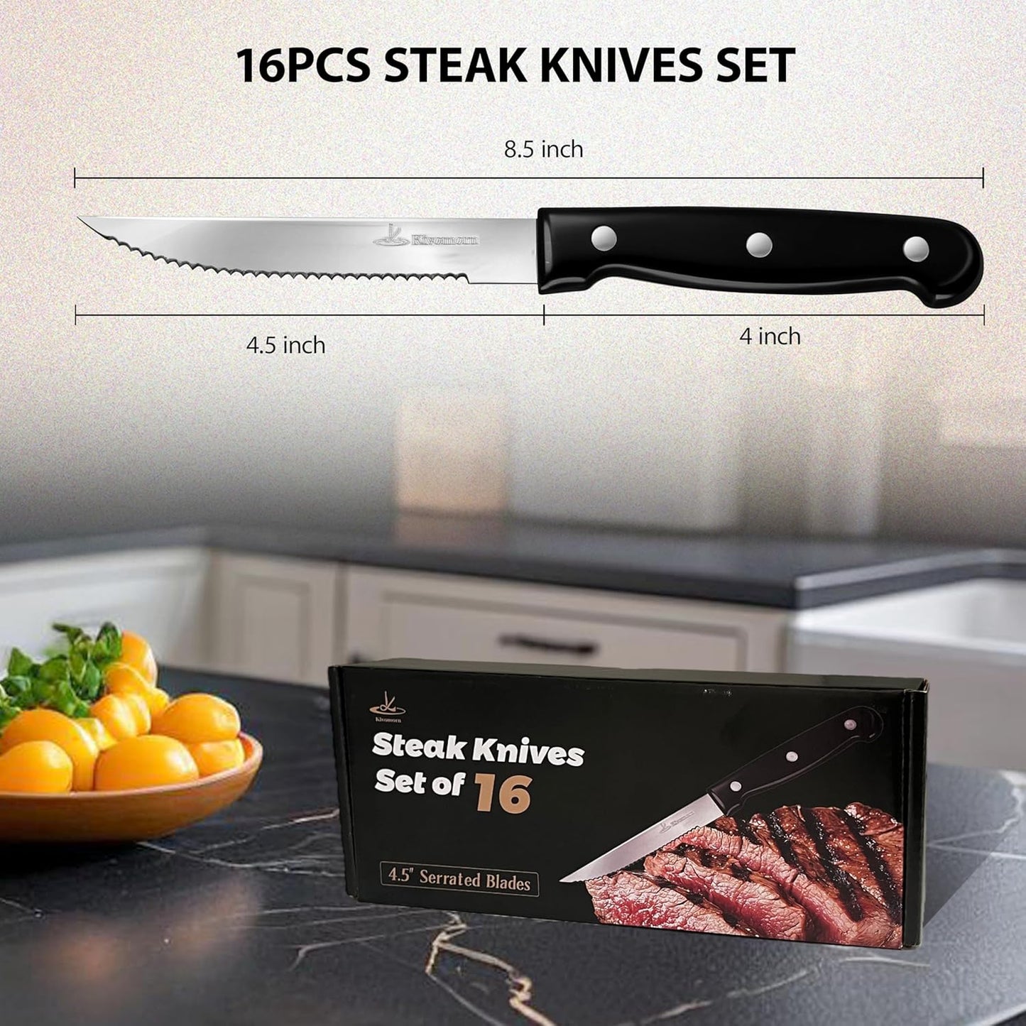Upgraded Steak Knives Set of 8, Uncoated Stainless Steel Serrated Steak Knife Set, 4.5 Inch Steak Knife with Ergonomic Handle and Sharp Blades, Dishwasher Safe Dinner Knives for Kitchen, Restaurant