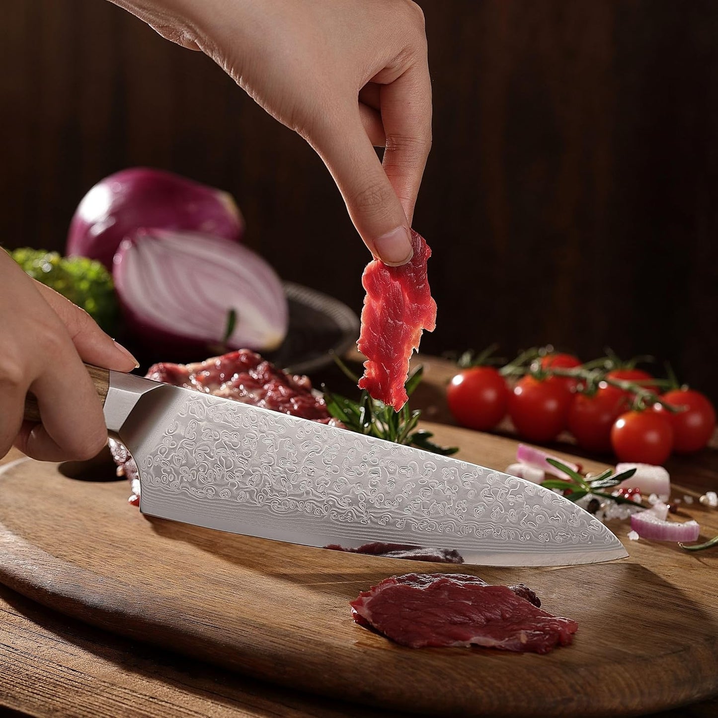 Wakoli Oribu Damascus Kiritsuke Chef’s Knife – Full Tang Kitchen Knife with 8-Inch Blade made of 67-Layer Genuine Damascus Steel and VG10 Core – Ergonomic Olive Wood Handle in Elegant Gift Box