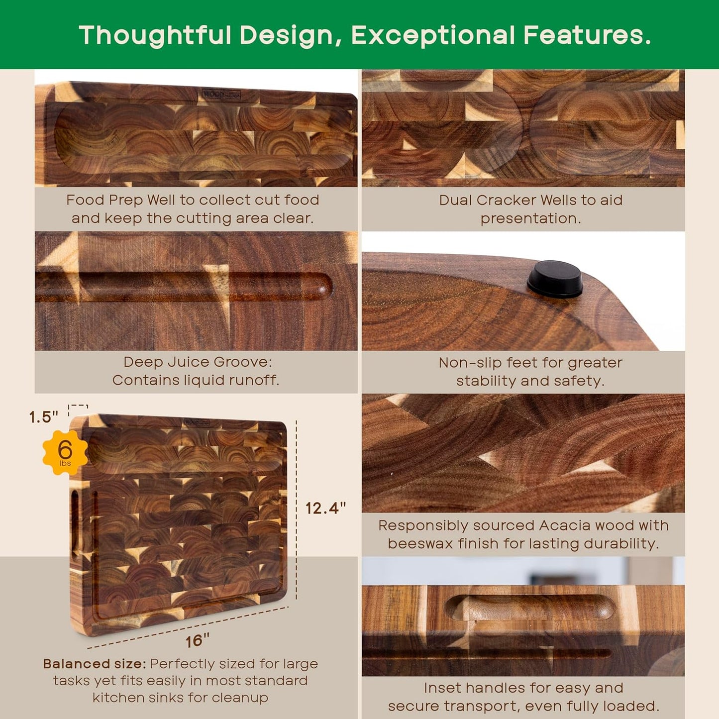 Evergreen End Grain Acacia Wood Cutting Board for Kitchen | Large 16x12.4x1.5" Butcher Block with Juice Groove & Non-Slip Feet | 2in1 Charcuterie Board, Non-Toxic, Gift Box