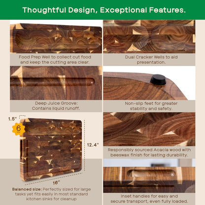 Evergreen End Grain Acacia Wood Cutting Board for Kitchen | Large 16x12.4x1.5" Butcher Block with Juice Groove & Non-Slip Feet | 2in1 Charcuterie Board, Non-Toxic, Gift Box