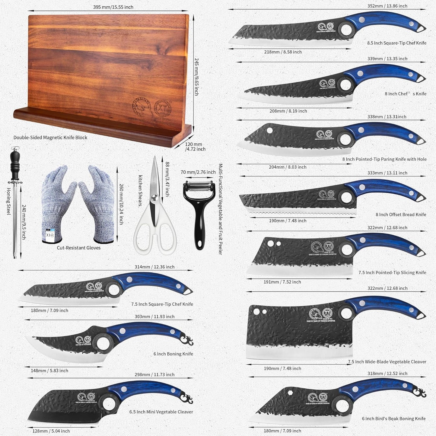 XYJ Authentic Since 1986, Kitchen Knives Set with Wood Magnetic Knife Block, Scissors, Honing Steel, Peeler, Gloves, Meat Boning Slicing Cooking Bread Vegetable Chef Knives