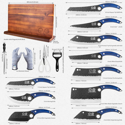 XYJ Authentic Since 1986, Kitchen Knives Set with Wood Magnetic Knife Block, Scissors, Honing Steel, Peeler, Gloves, Meat Boning Slicing Cooking Bread Vegetable Chef Knives