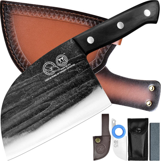 XYJ Authentic Since 1986,Outstanding Ancient Forging,6.7 Inch Full Tang,Serbian Chefs knife,Chef Meat Cleaver,Kitchen Knives,Set with Leather Sheath,Take Carrying,Butcher