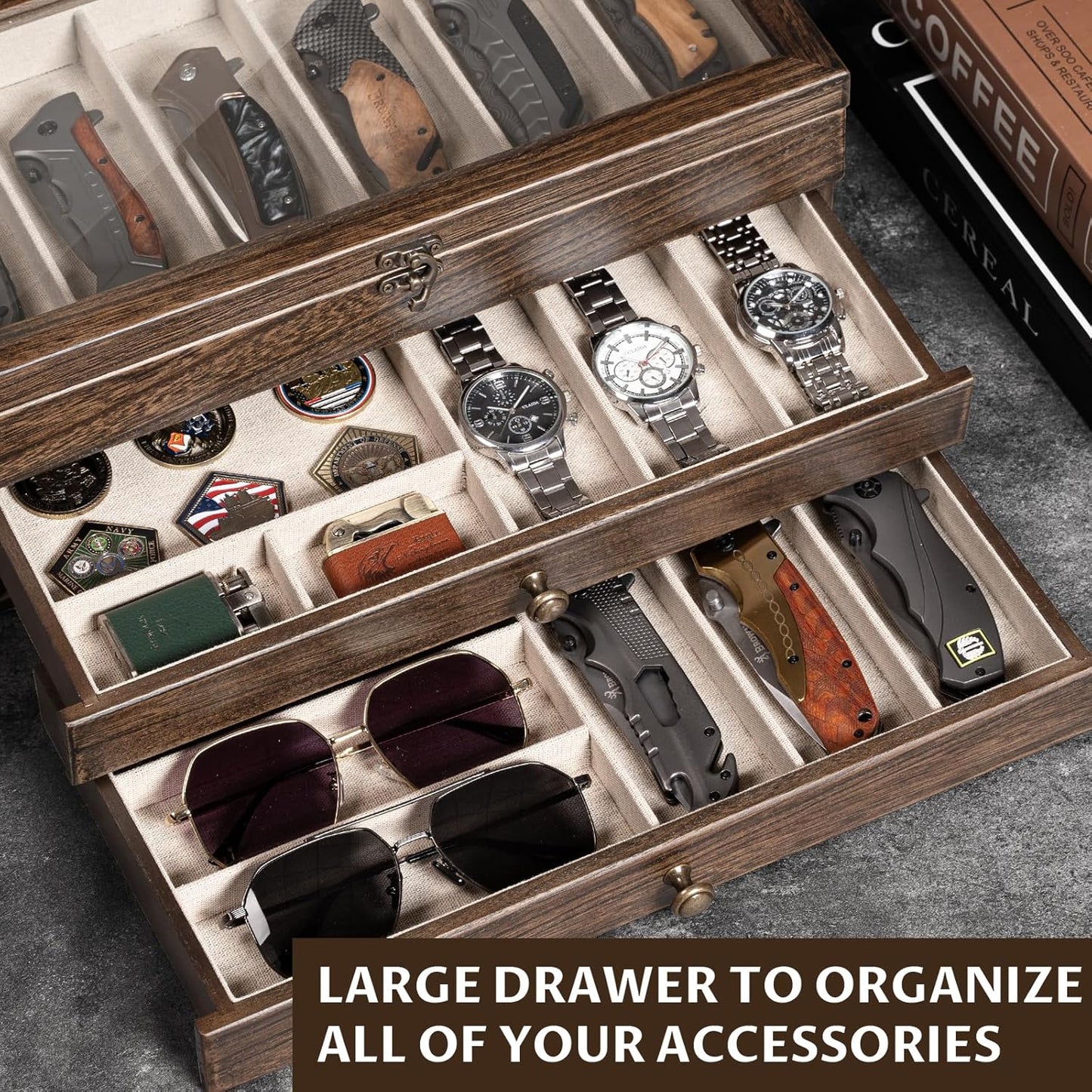 Knife Display Case, 3-Layer Pocket Knife Case Display & Storage Knives, Solid Wood Knife Case for Collections, Gift for Boyfriend Fathers Day Birthday Gifts(Black)