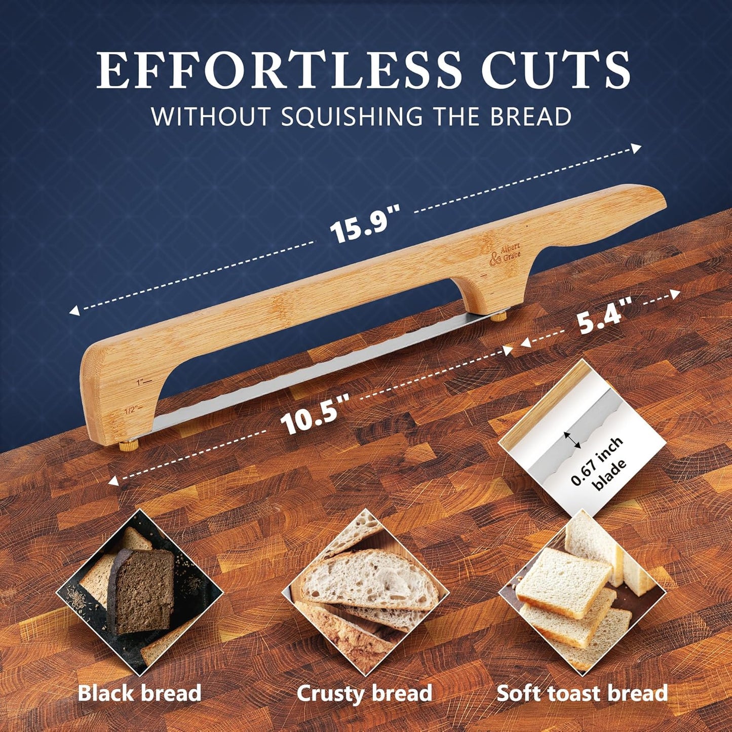 Albert&Grace Adjustable Bread Bow Knife - Sourdough Bread Slicer with Serrated Stainless Blade, Extra Replacement Blade & Sheath, Easy Thumb-Screw Swap, Right- or Left-Handed Use, Gift for Bakers