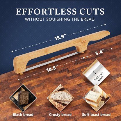 Albert&Grace Adjustable Bread Bow Knife - Sourdough Bread Slicer with Serrated Stainless Blade, Extra Replacement Blade & Sheath, Easy Thumb-Screw Swap, Right- or Left-Handed Use, Gift for Bakers