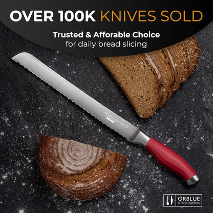 Orblue Bread Knife, 10-Inch Serrated Stainless Steel – Ultra Sharp for Crusty Artisan Bread, Bagels, Cakes & Pastries – Non-Slip Handle Slicer, Red