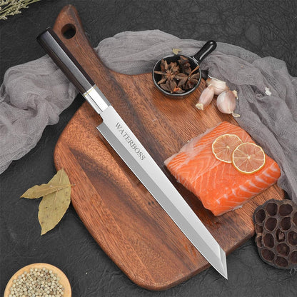 Waterboss,Japanese Sushi Chef Knife Salmon Knife Slicer Razor Sharp Sashimi Watermelon Knives, 5Cr15mov Stainless Steel Sashimi Yanagiba Knife, Maple Handle, 11.8inch (300mm)