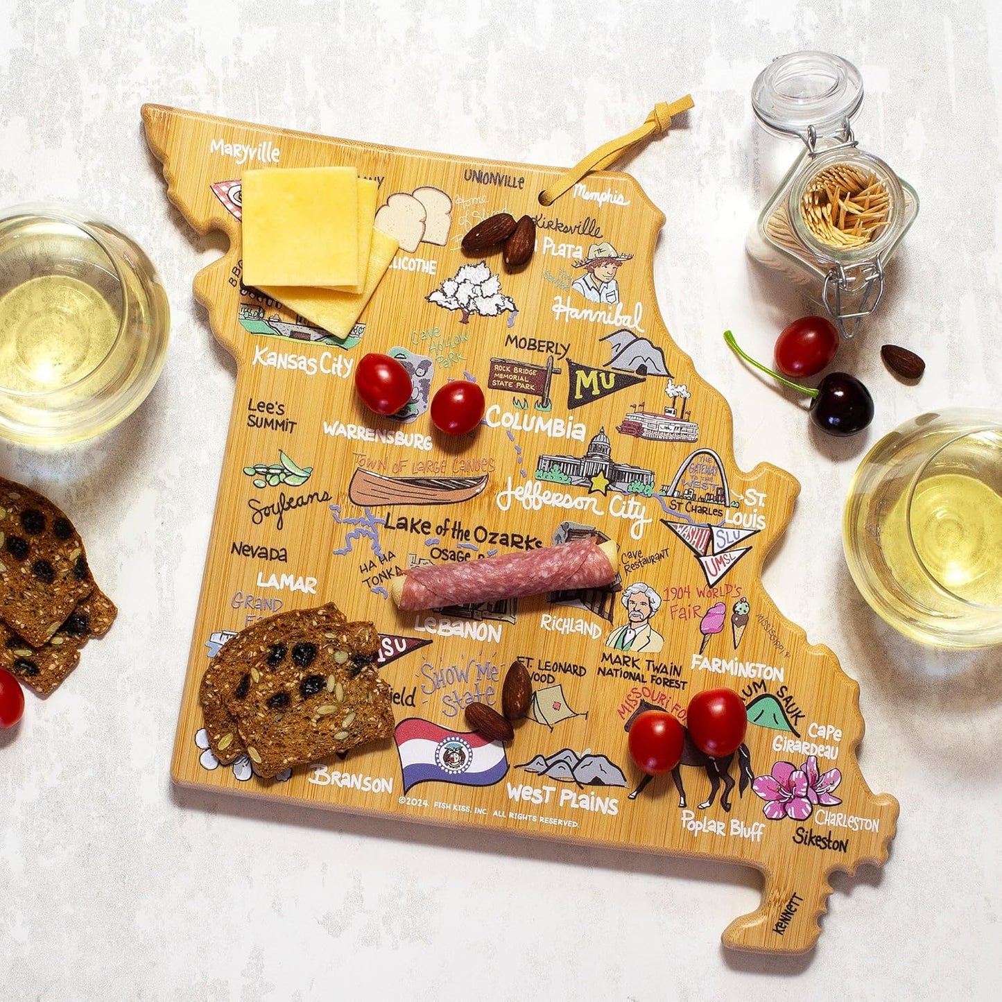 Totally Bamboo Tennessee State Shaped Cutting Board and Charcuterie Serving Platter with Artwork by Fish Kiss, Includes Hang Tie for Wall Display - Colors B