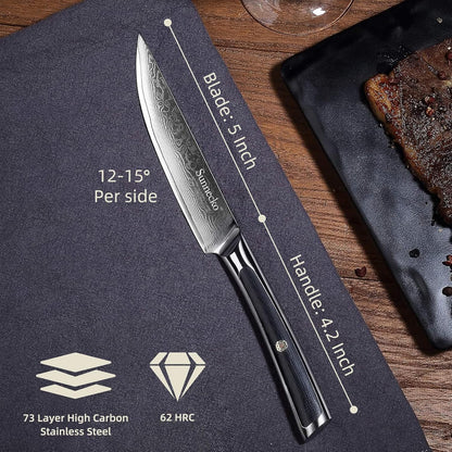Sunnecko Damascus Steak Knife Set Non Serrated, Japanese VG10 Stainless Steel Steak Knife Set of 2, 5 Inch Steak Knives G10 Handle with Gift Box