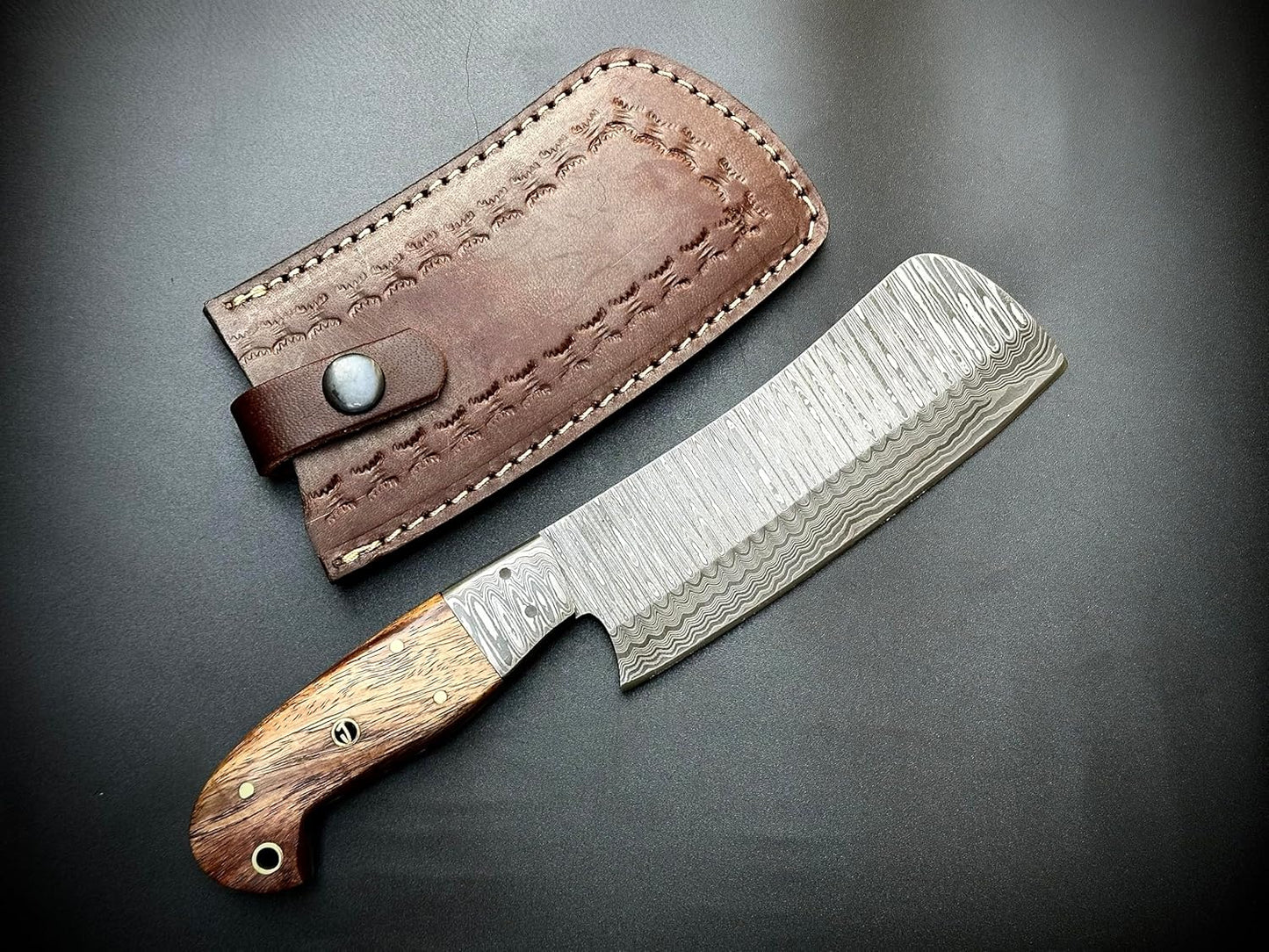 Handmade Nakiri Chef Knife 9.4" | Damascus Steel Full Tang Blade 5.5" | Rose Wood Handle & Leather Sheath | Sharp Japanese Chef Knife for Cooking, Chopping & Kitchen Use