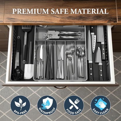 Simple Houseware Expandable & Adjustable Cutlery Drawer Organizer - Large Utensil and Flatware Tray for Kitchen Drawers, White