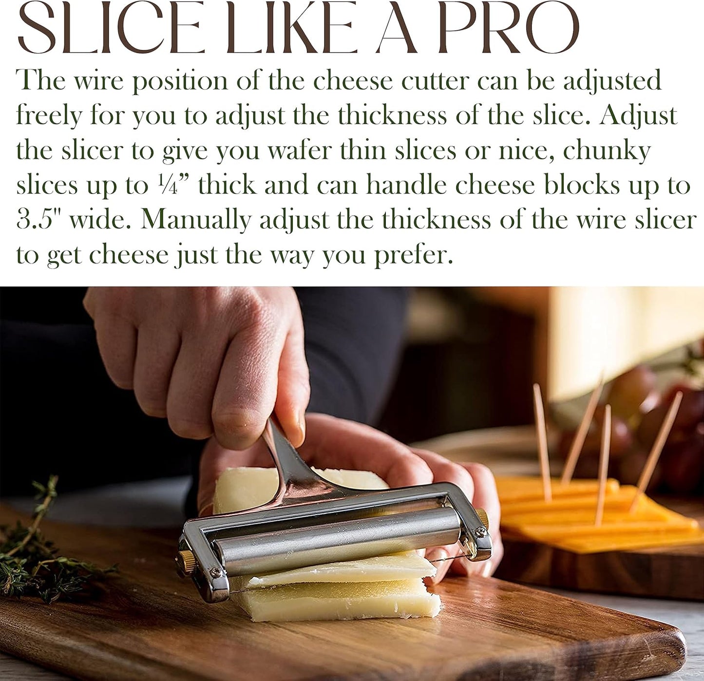 Bellemain Stainless Steel Wire Cheese Slicer with 2 Extra Wires – Handheld Cheese Cutter for Block Cheese, Adjustable Thick & Thin Slices for Cheddar, Gruyere, Raclette & Mozzarella (Silver)