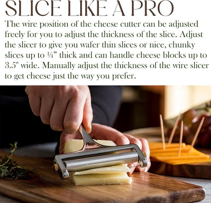 Bellemain Stainless Steel Wire Cheese Slicer with 2 Extra Wires – Handheld Cheese Cutter for Block Cheese, Adjustable Thick & Thin Slices for Cheddar, Gruyere, Raclette & Mozzarella (Silver)