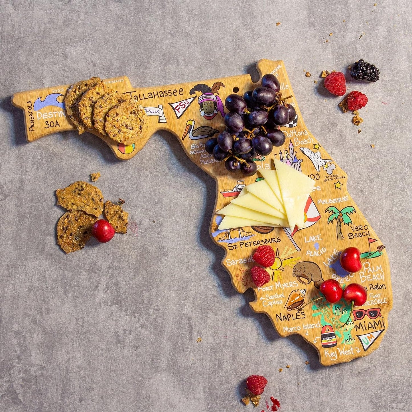 Totally Bamboo Tennessee State Shaped Cutting Board and Charcuterie Serving Platter with Artwork by Fish Kiss, Includes Hang Tie for Wall Display - Colors A