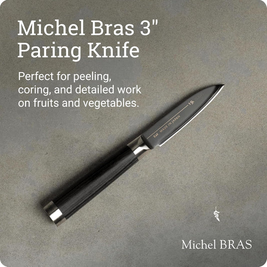 Michel BRAS No. 1 Paring Knife, 3" Handcrafted Vegetable and Fruit Knife, 3 Layer Stainless Steel Blade, Black Pakkawood Handle, Small Kitchen Tool for Peeling and Cutting