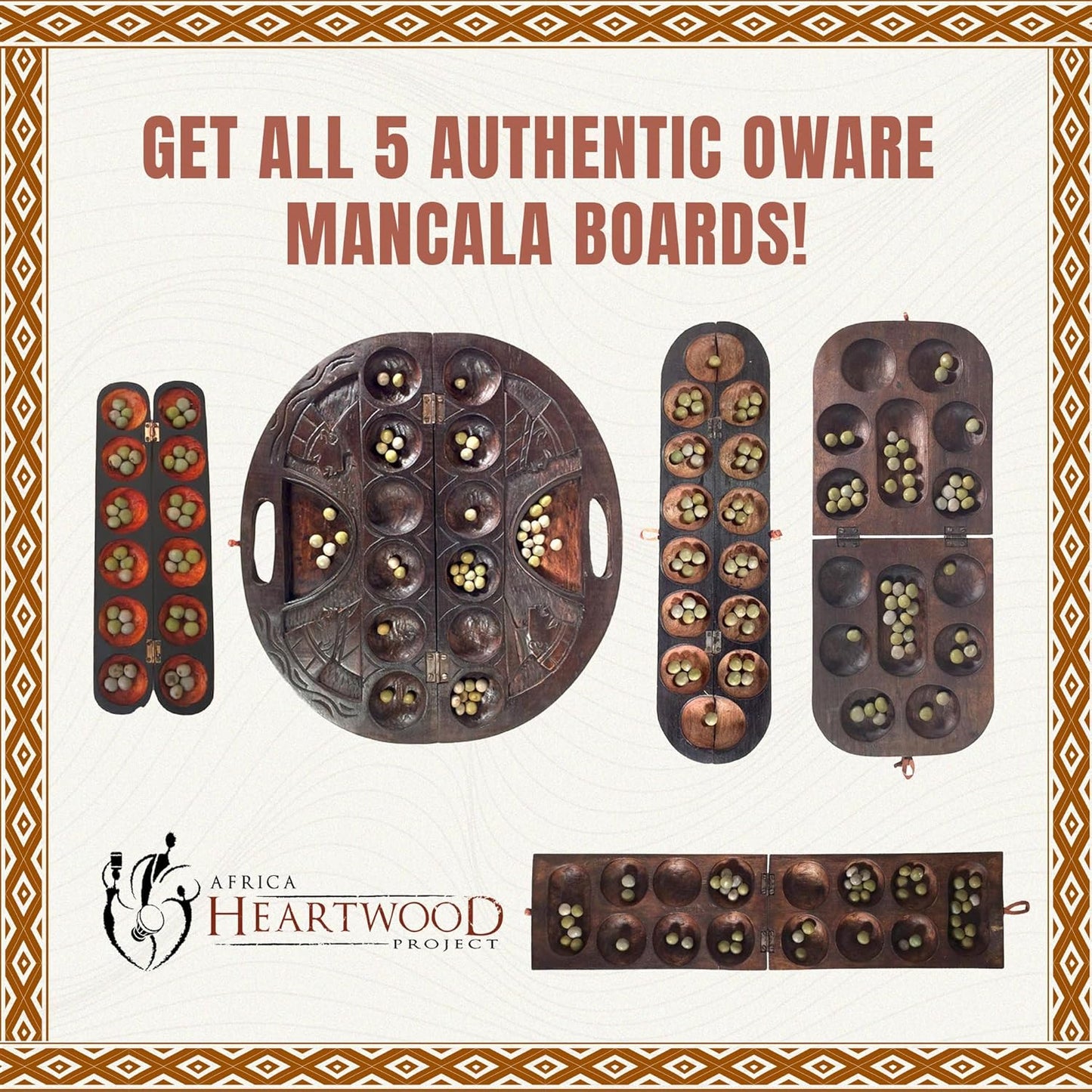 Africa Heartwood Project African Oware Mancala Board - Hand-Carved Solid Wood with Adinkra Symbol, Wooden Folding Mancala Design, 16" Board with 48 Grey, Green Tear Seeds and Playing Instructions