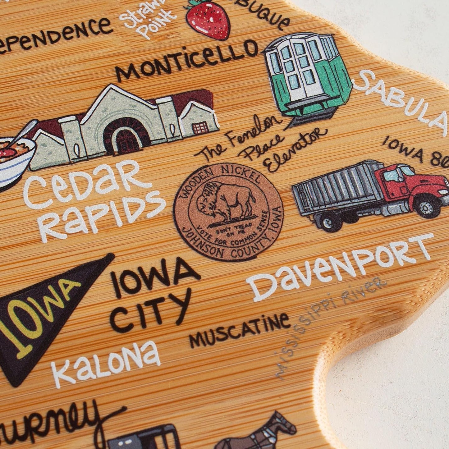 Totally Bamboo Tennessee State Shaped Cutting Board and Charcuterie Serving Platter with Artwork by Fish Kiss, Includes Hang Tie for Wall Display - Colors A