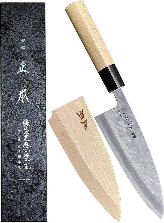 MASAMOTO KS Japanese Deba Knife with Sheath 6" (150mm) [HONBAZUKE] Made in JAPAN, Professional Heavy Duty Knife for Fish, Ultra Sharp Japanese Carbon Steel Blade, Wood Wa Handle, Black Ferrule