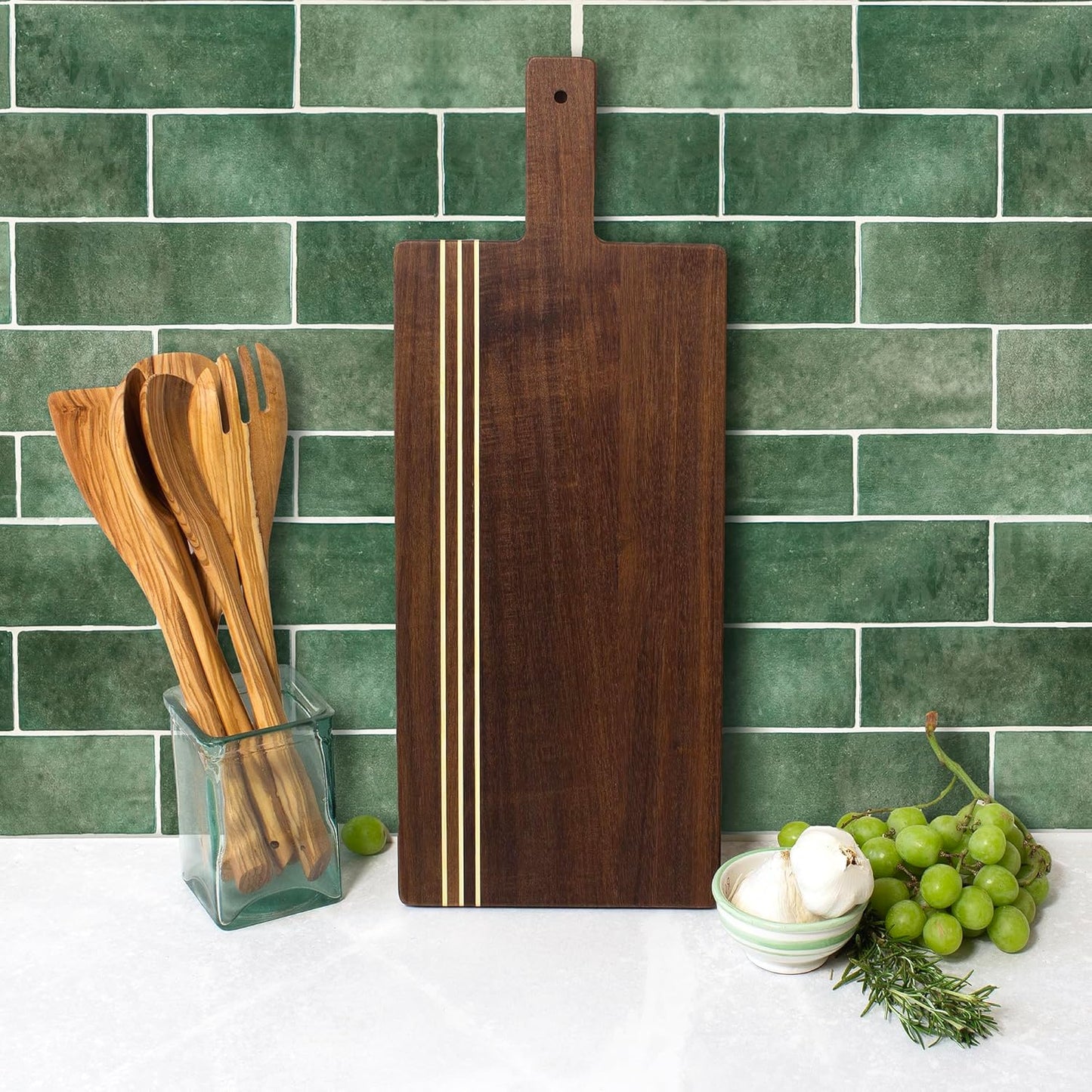 Rock & Branch Large Acacia Wood Cutting Board with Juice Groove – 18" Carving Board with Inlaid Pinstripes | Doubles as Oversized Charcuterie Serving Tray