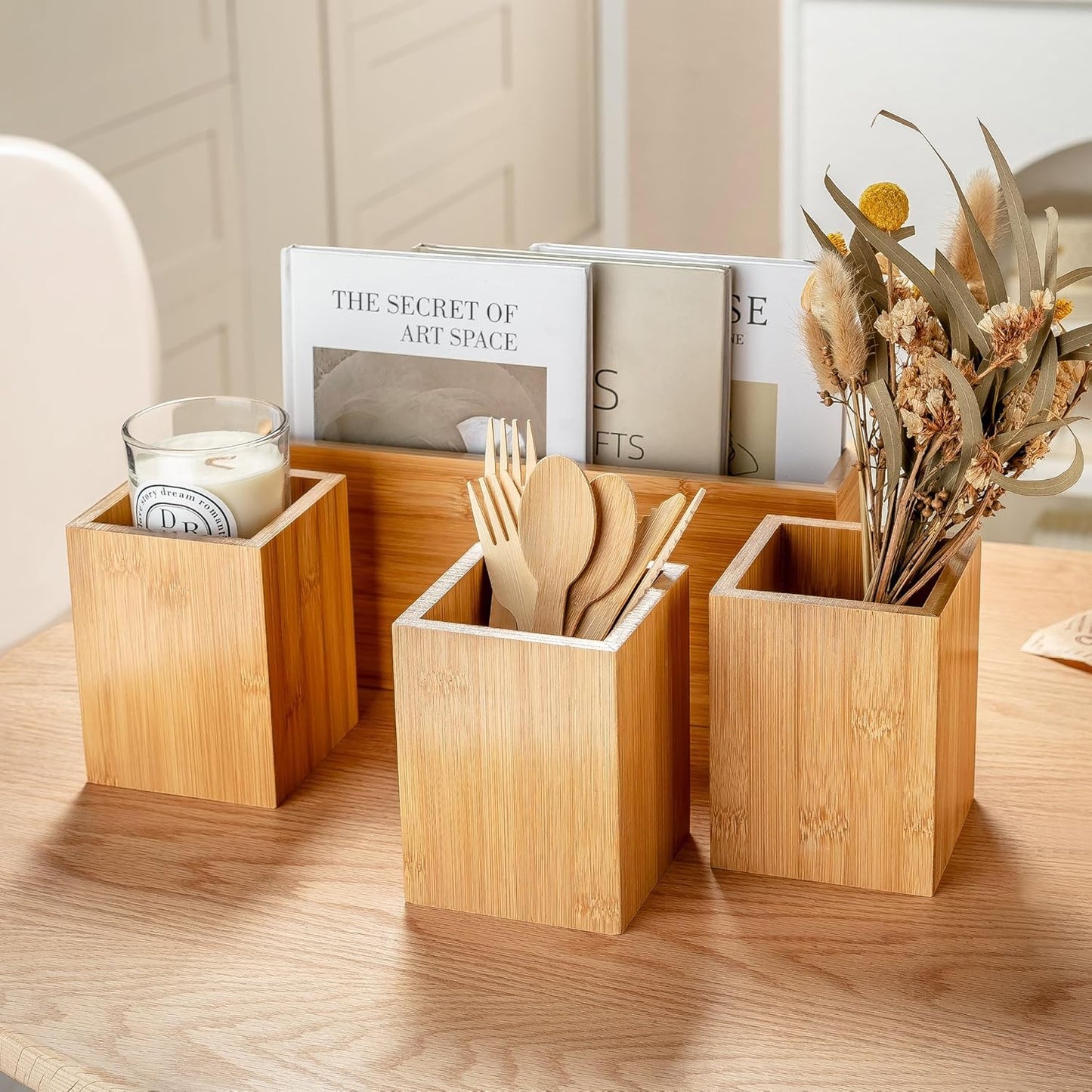PTSTING Silverware Caddy Black Wood Silverware Holder Paper Plate Dispenser Utensil Caddy Cutlery Flatware Organizer Box for Spoons Forks Plates Napkins