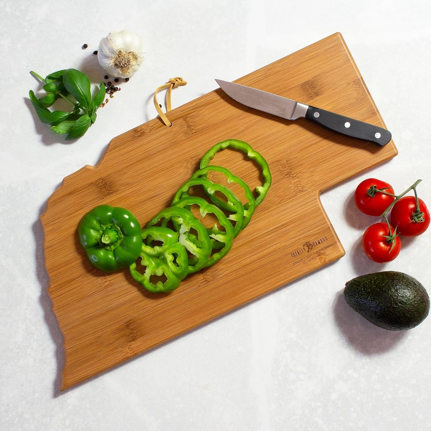 Totally Bamboo North Carolina State Shaped Cutting Board and Charcuterie Serving Platter with Artwork by Summer Stokes, Includes Hang Tie for Wall Display 18" x 8" x 5/8" - Colors B