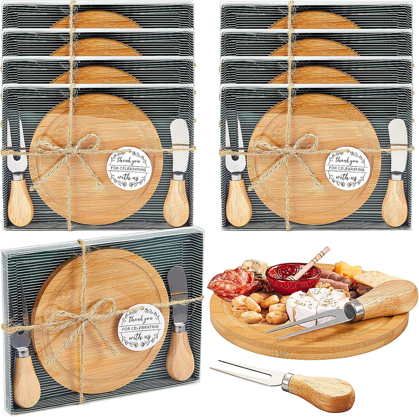 Maxcheck 18 Sets Baby Shower Bridal Game Prizes for Winners Round Cheese Board Set Wood Mini Charcuterie Board with Knives and Forks Thank You Card with Gift Box for Guests Wedding (Bamboo)