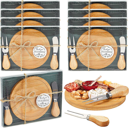 Maxcheck 18 Sets Baby Shower Bridal Game Prizes for Winners Round Cheese Board Set Wood Mini Charcuterie Board with Knives and Forks Thank You Card with Gift Box for Guests Wedding (Bamboo)