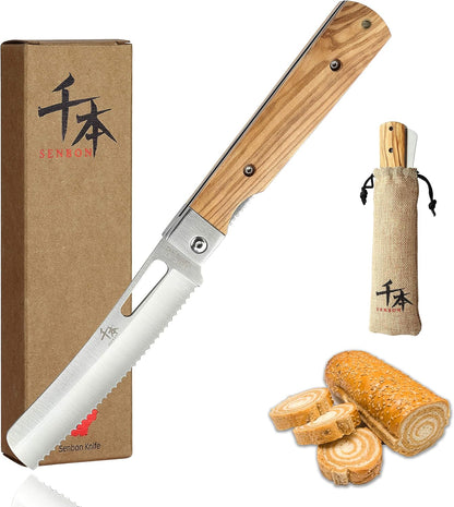 SENBON 440A stainless steel Gift wrapped 4 piece set sharp pocket folding Japanese chef knife universal peeling knife bread knife set portable kitchen knives with natural olive handle