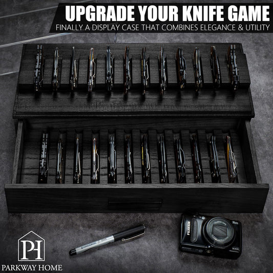 Pocket Knife Display Case for 16 Knives - Wooden Knife Collection Case Clear Cover - Two-Tier Knife Cases for Collections with a Removable Drawer Insert for Other EDC Items, EDC Case - Brown