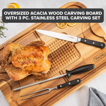 Viking Cutting Board, Acacia Wood Kitchen Carving Board with Juice Groove, 18 x 12 x 0.75 Inch